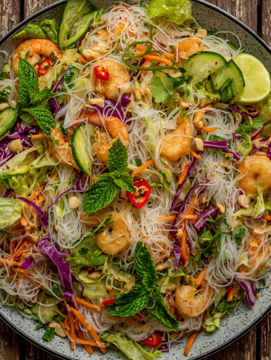 A bowl of shrimp and vegetable salad.