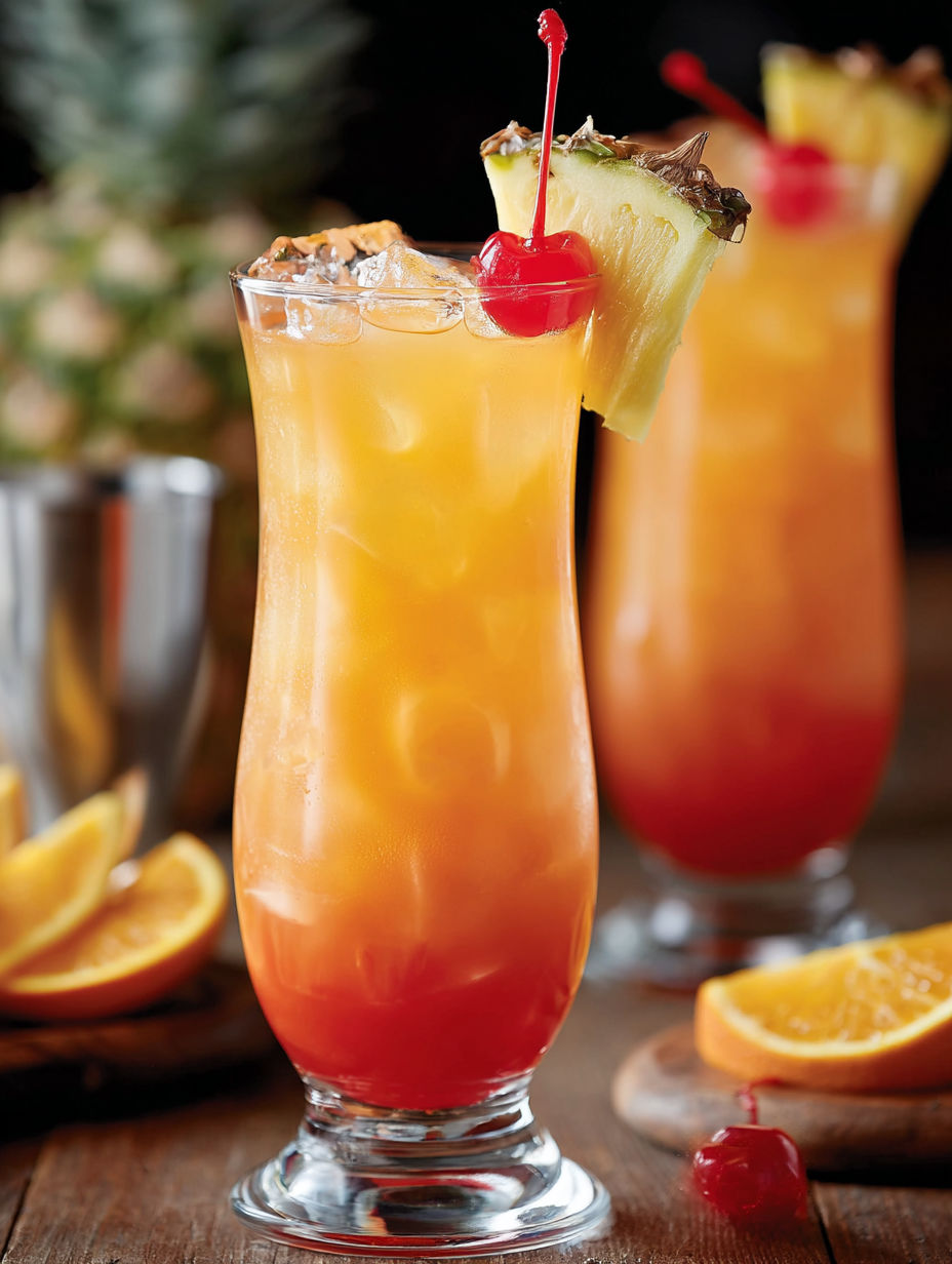A glass of Virgin Island Breeze Cocktail with a cherry on top.