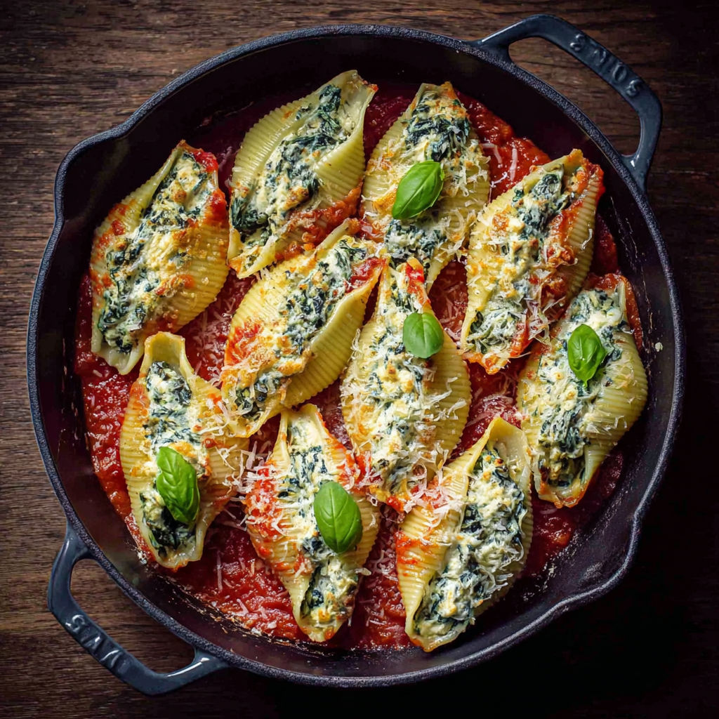 A pan of spinach and ricotta stuffed shells.