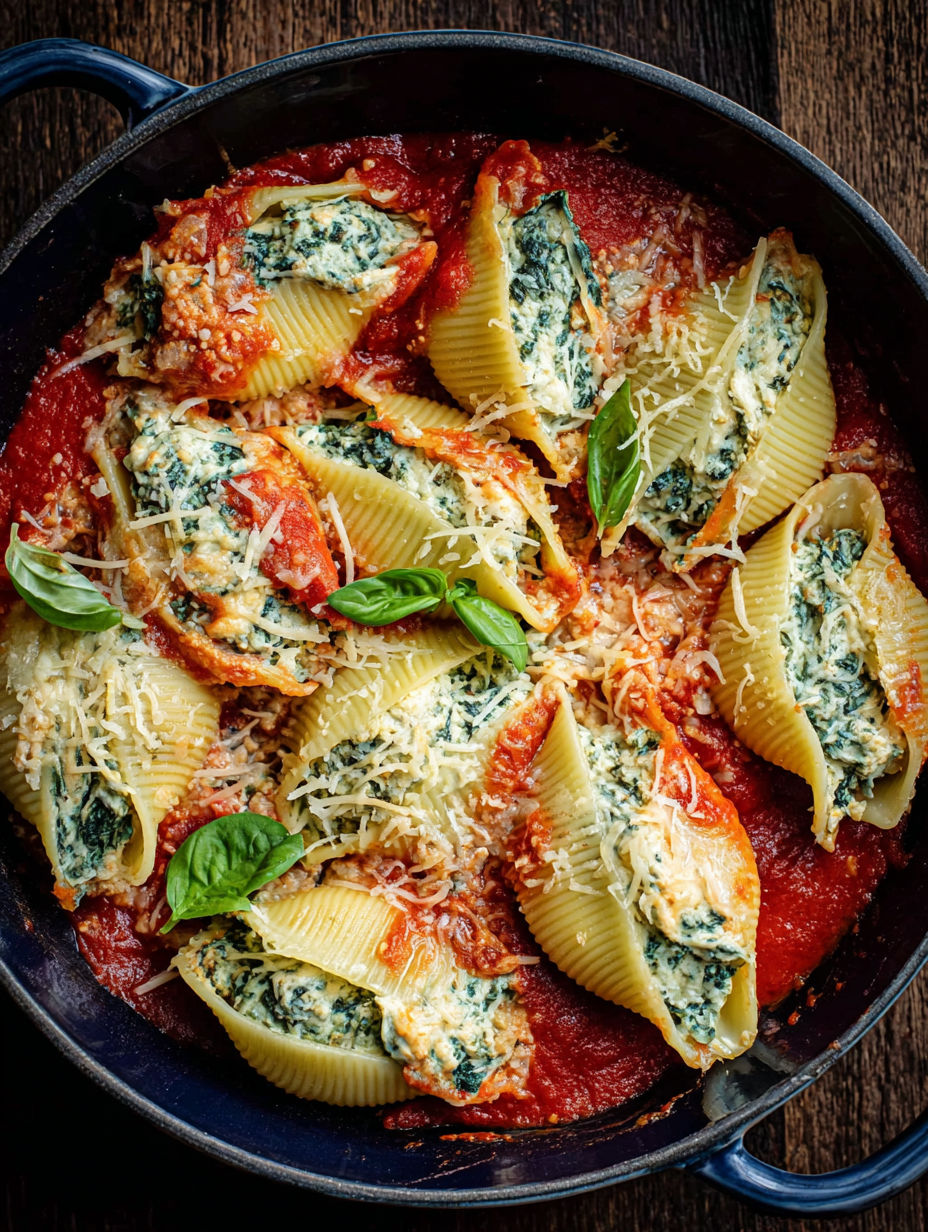 A bowl of spinach and ricotta stuffed shells.