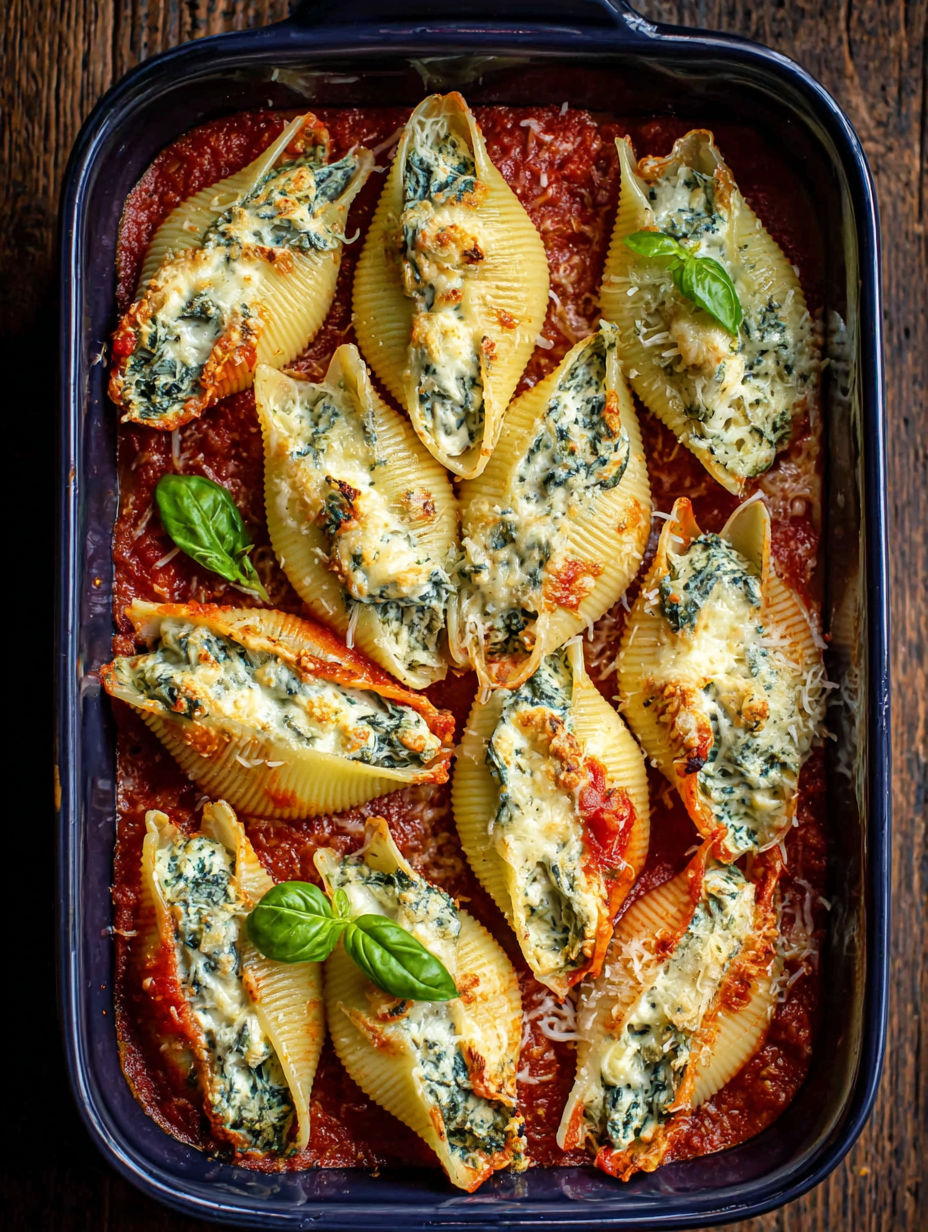 A pan of spinach and ricotta stuffed shells.
