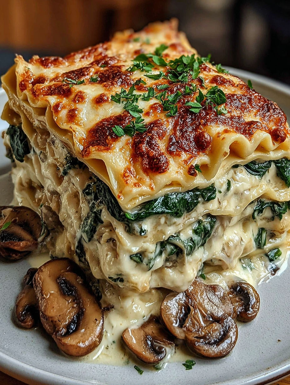 A stack of lasagna with spinach and mushrooms.