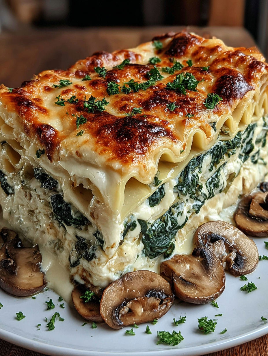 A large spinach and mushroom lasagna.