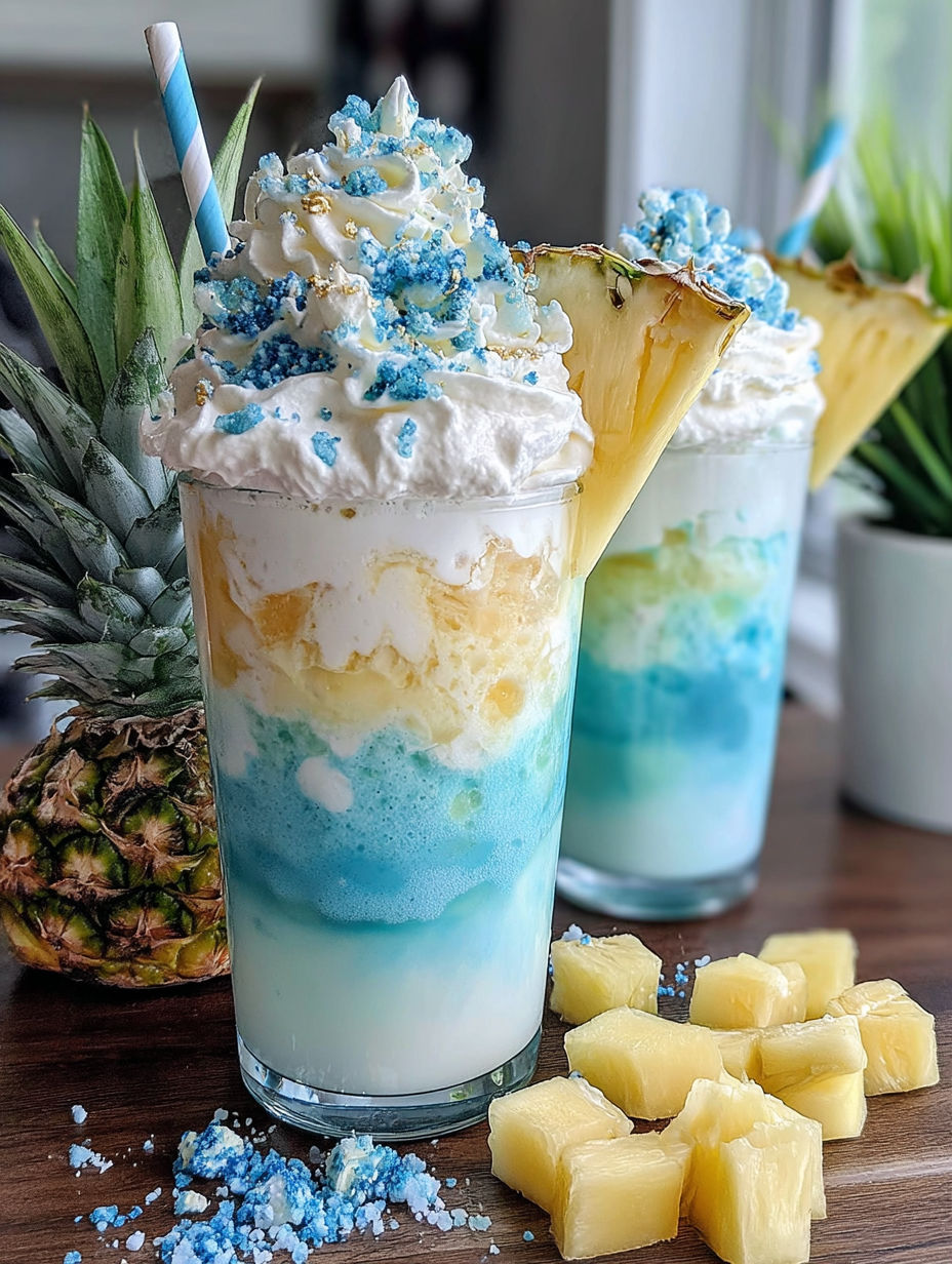 Two Ocean Love Colada Frappuccino drinks with pineapple and coconut toppings.
