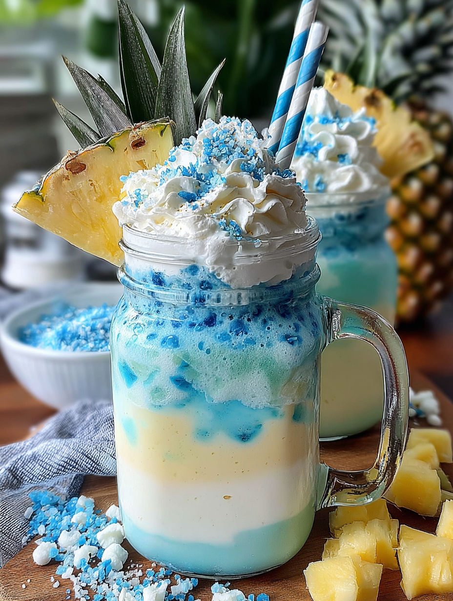 A blue and white Ocean Love Colada Frappuccino.