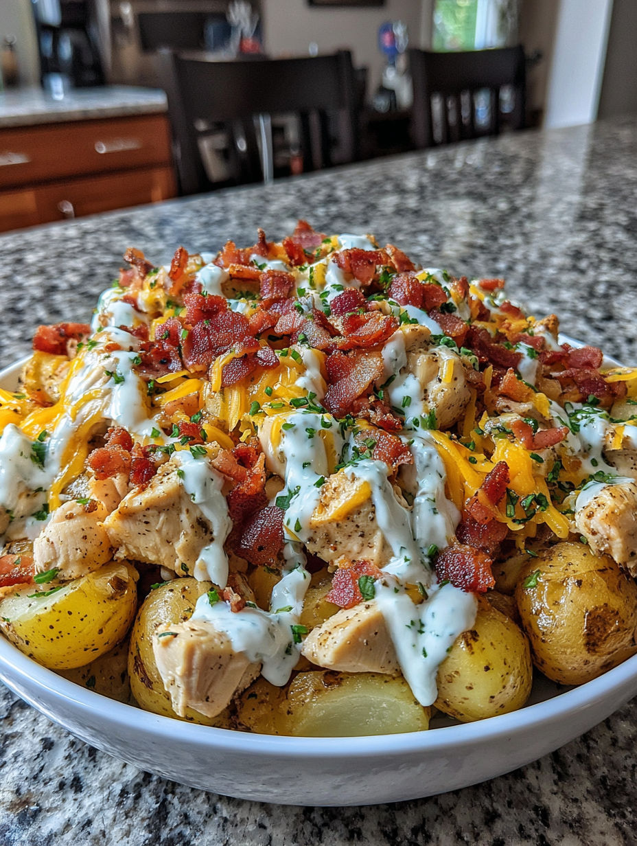 A plate of chicken, bacon, and potatoes.