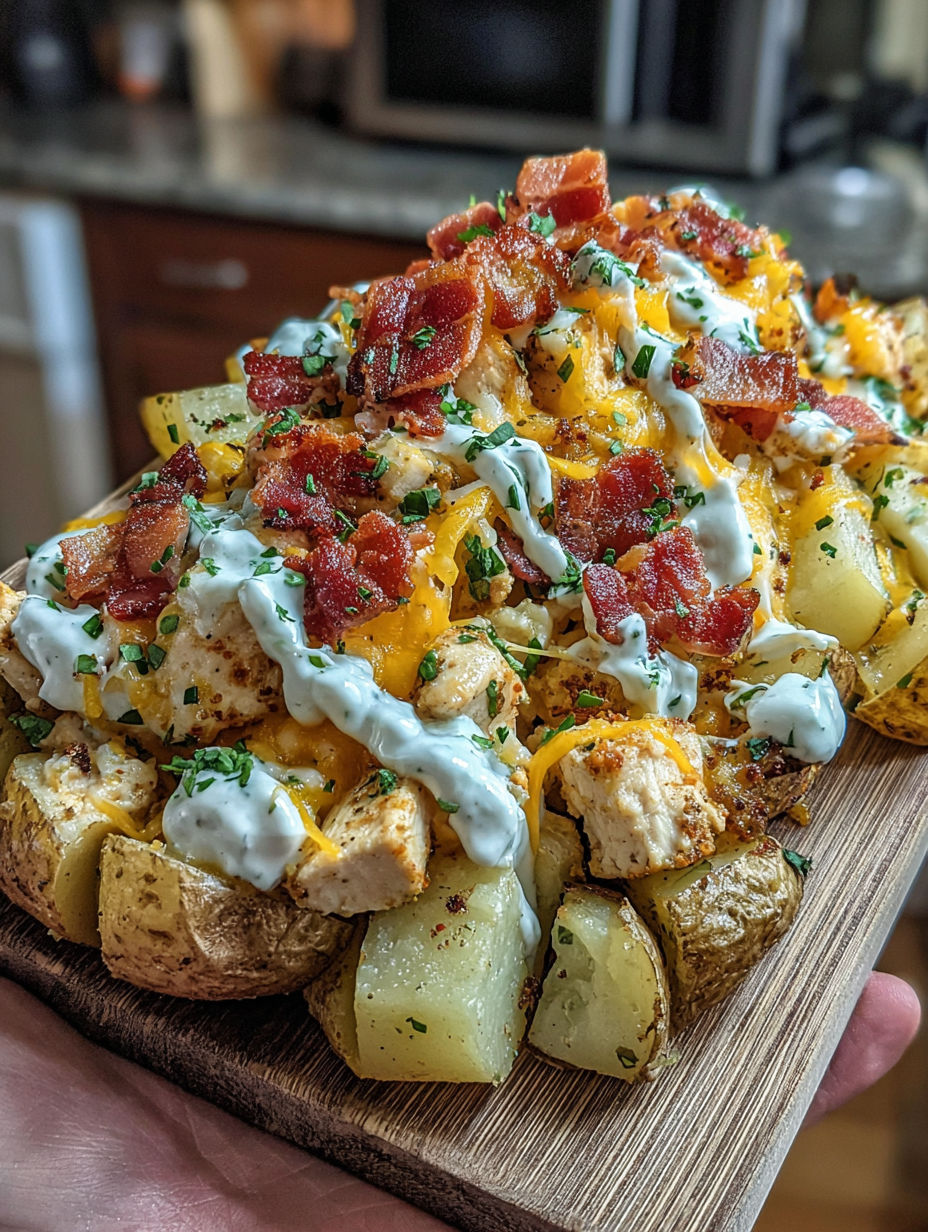 A plate of chicken, bacon, and potatoes.