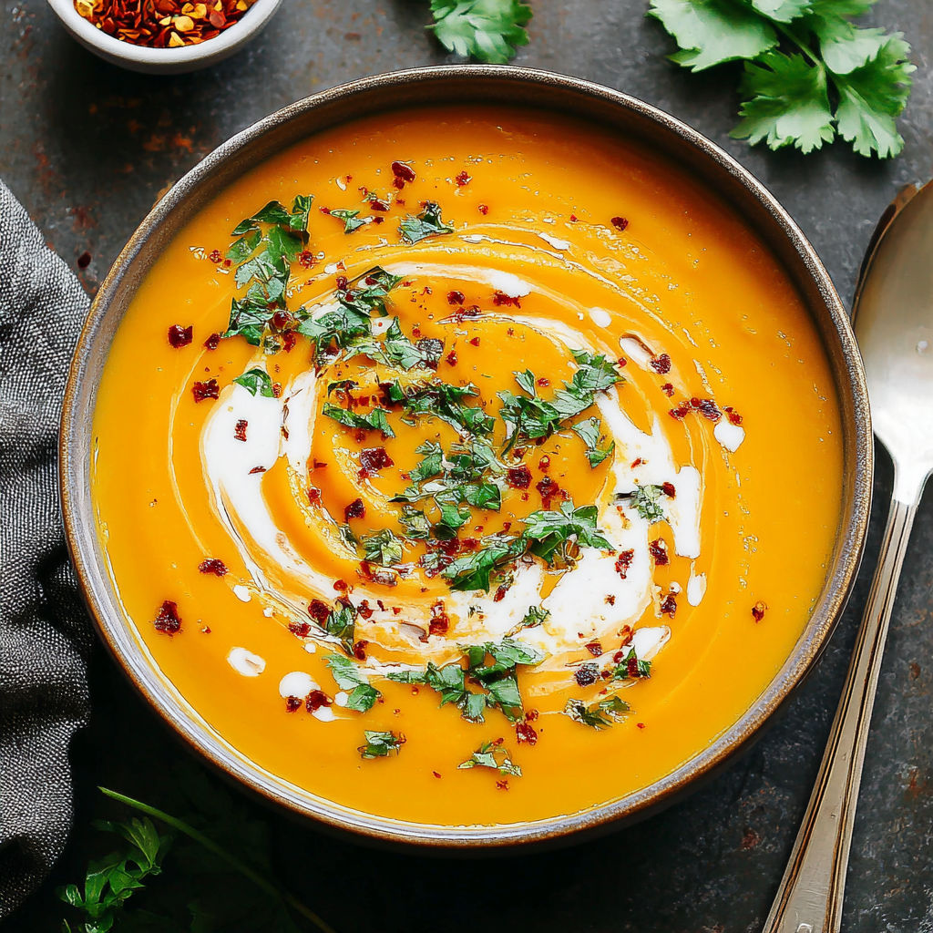 A bowl of soup with spices and herbs.