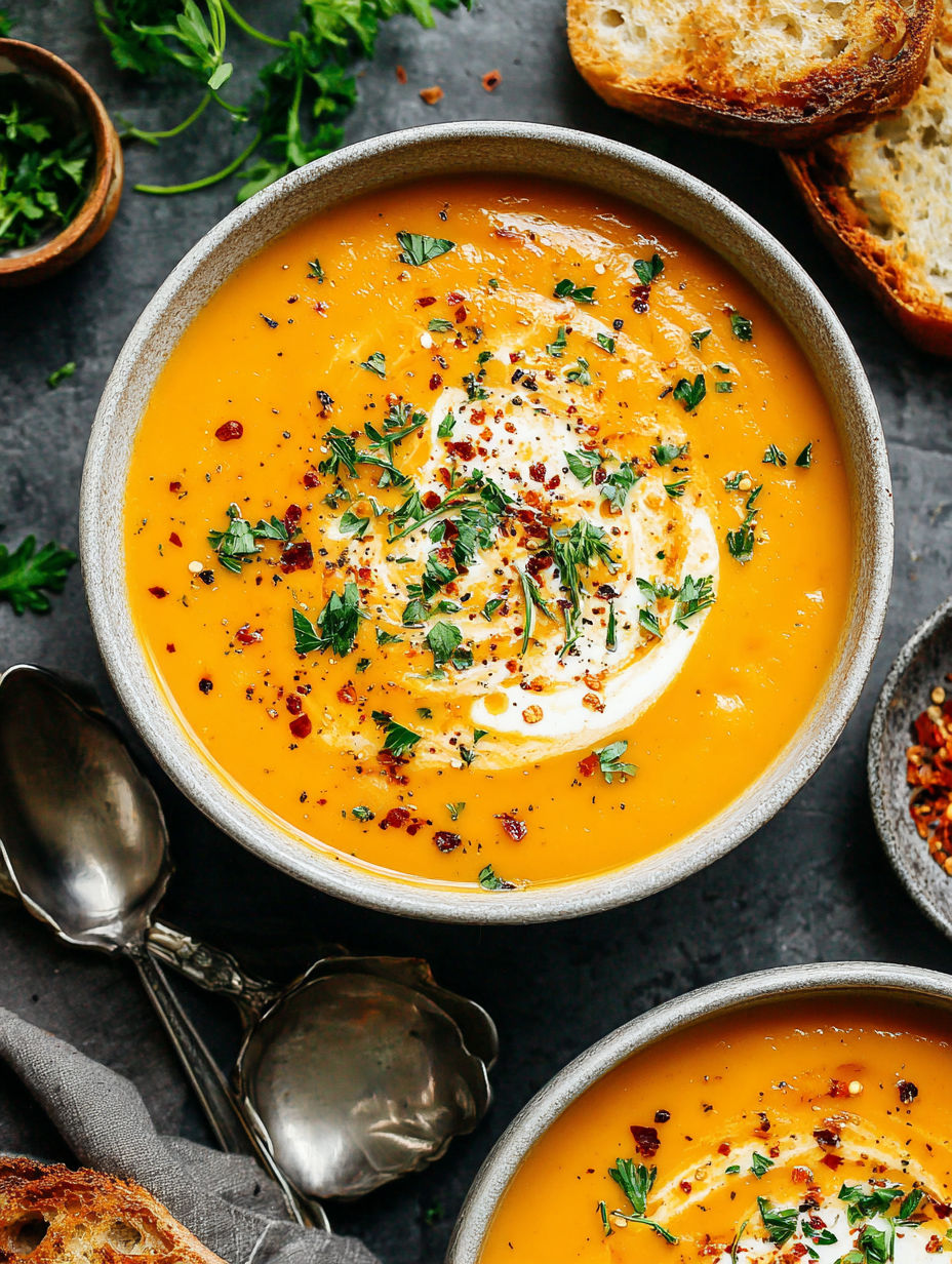 A bowl of soup with spices and herbs.