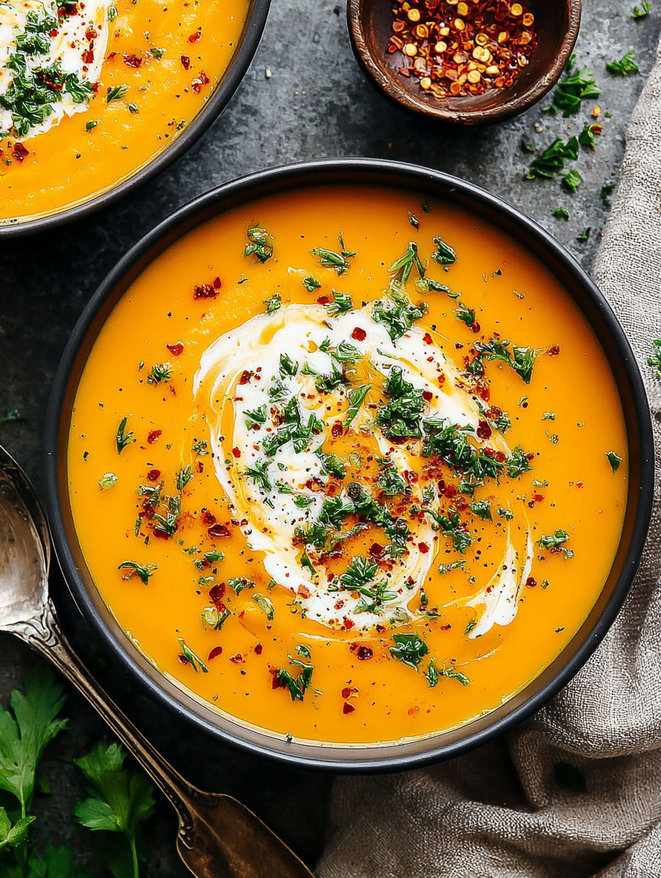 A bowl of soup with a spoon in it.