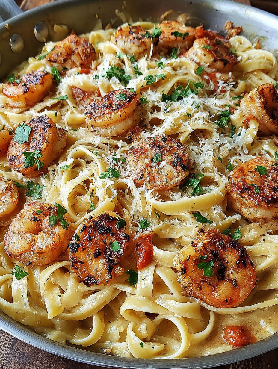 A bowl of pasta with shrimp and cheese.