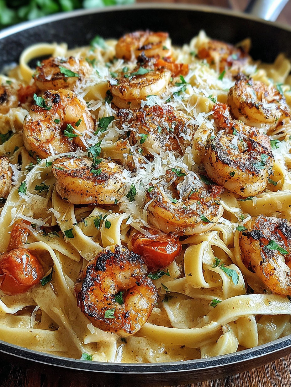 A close up of a dish with shrimp and pasta.