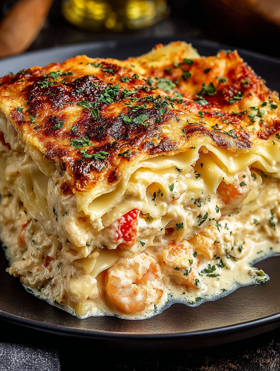 A close up of a food dish with shrimp and cheese.