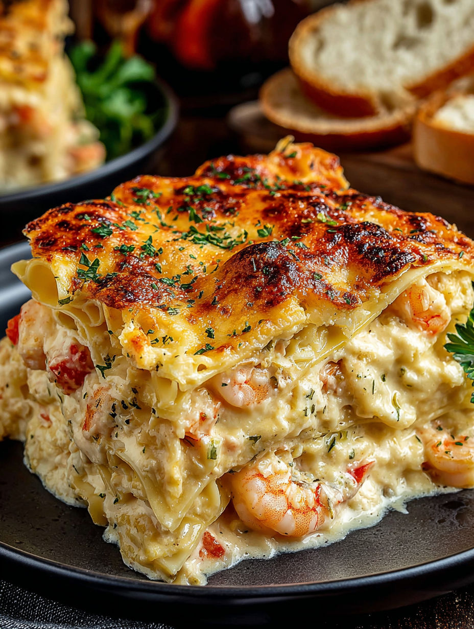 A close up of a casserole dish with shrimp and cheese.