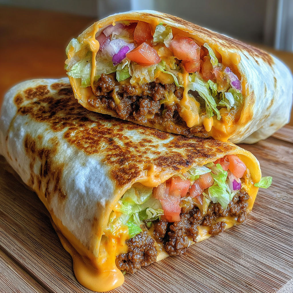 A beefy nacho cheese wrap on a table.