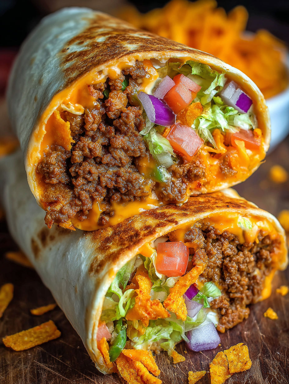 A burrito with meat, lettuce, tomatoes, and cheese.