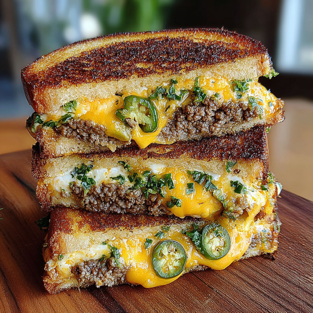 A stack of jalapeño popper patty melt sandwiches.