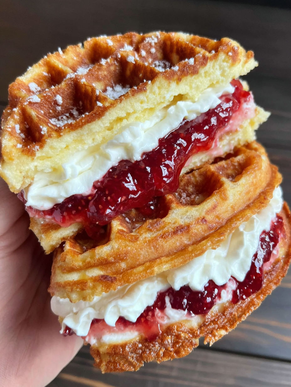 A person is holding a waffle sandwich with strawberry jam.