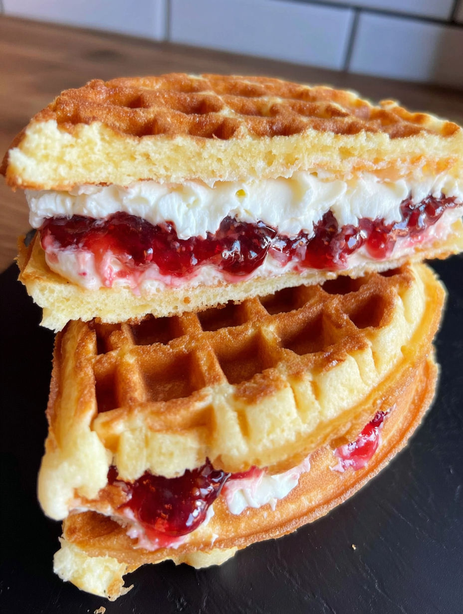 A waffle sandwich with jelly and whipped cream.