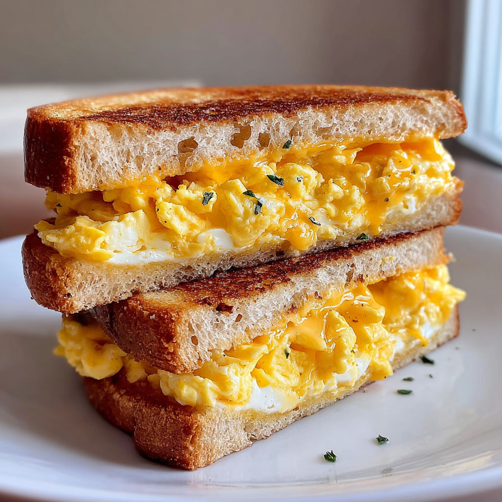 A grilled cheese sandwich with eggs on top.