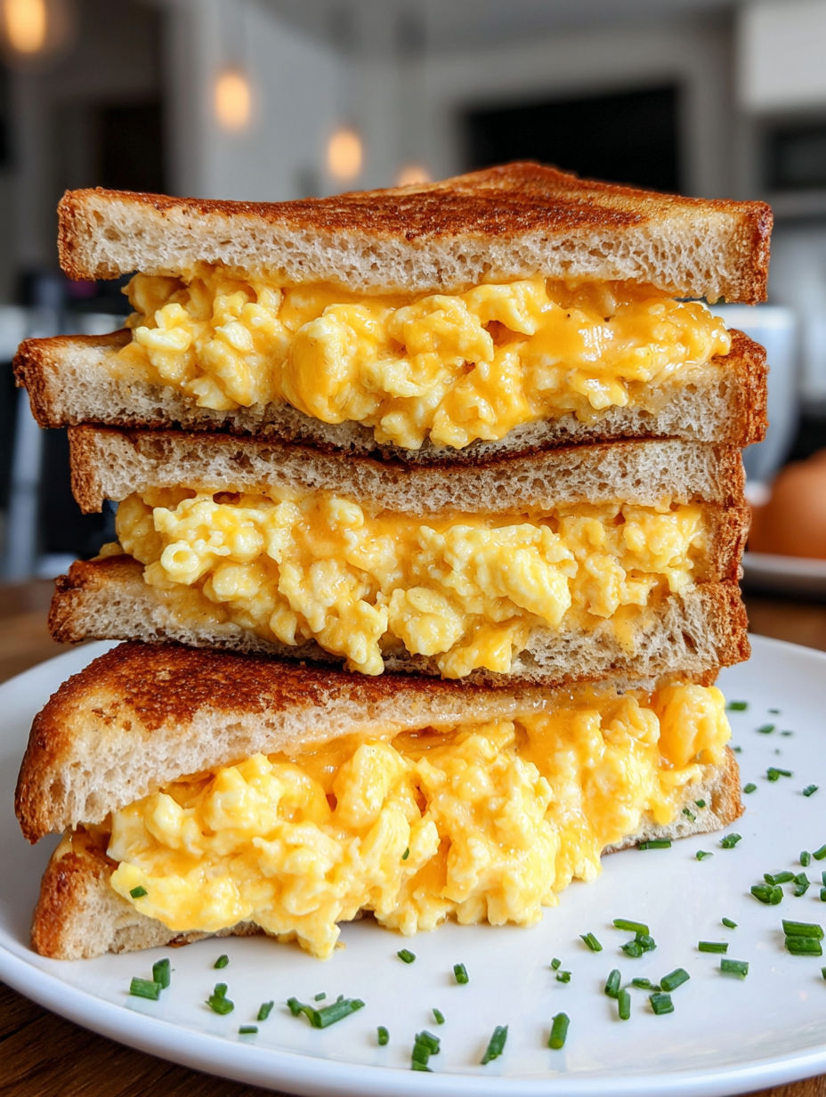A stack of grilled cheese sandwiches with eggs.