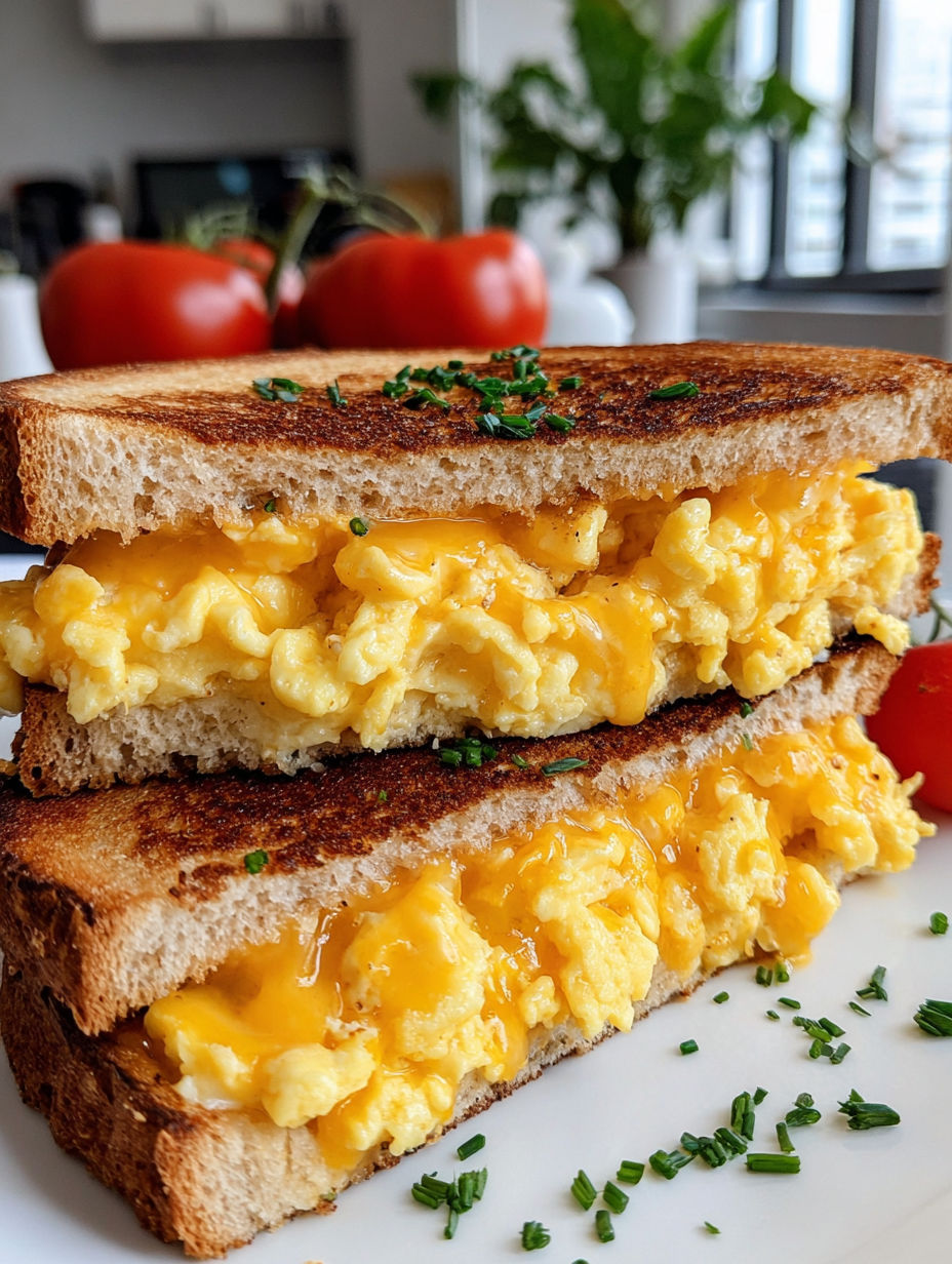 A grilled cheese sandwich with eggs on top.