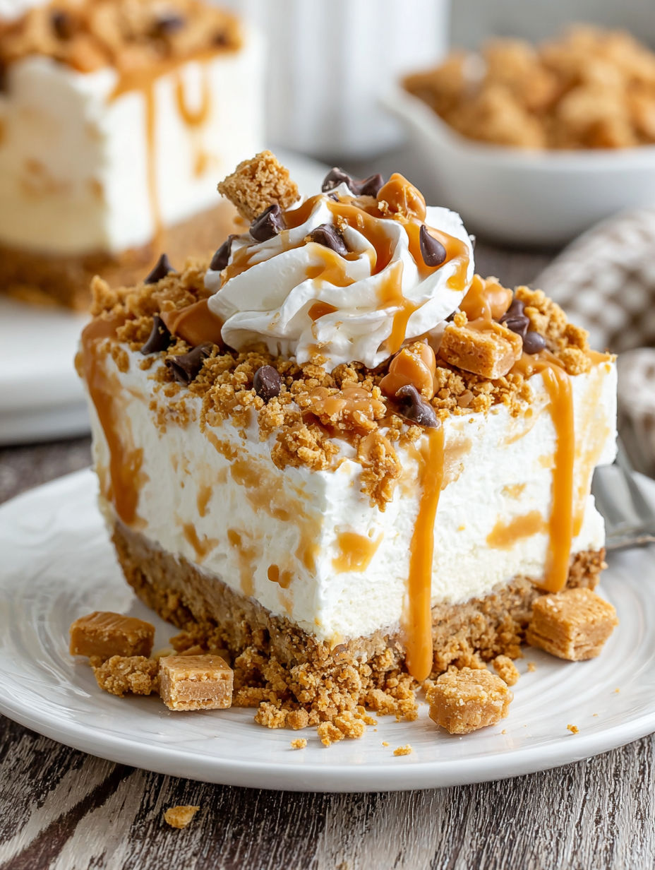 A slice of butterscotch delight on a plate.