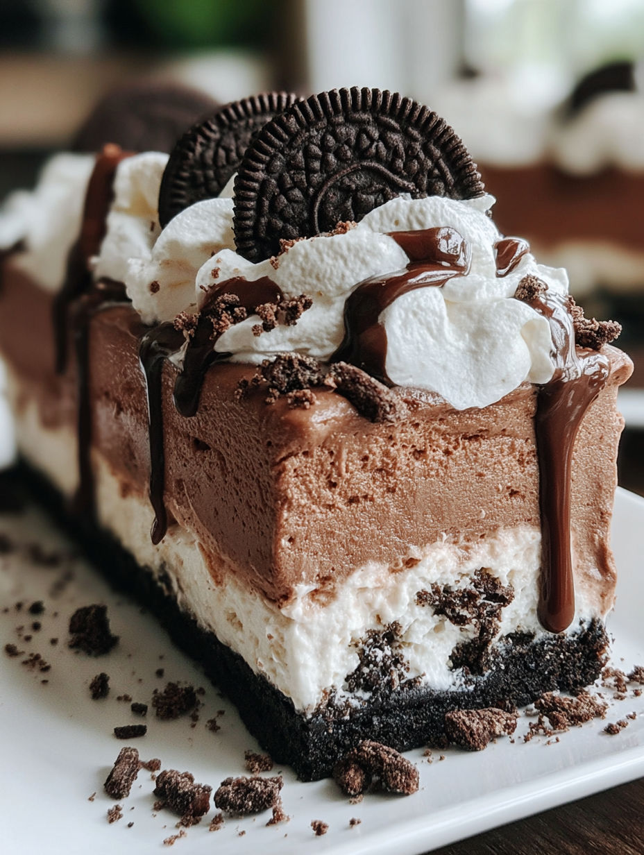 A slice of chocolate cake with white icing and chocolate drizzle.