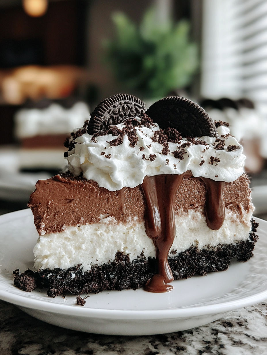 A slice of chocolate cake with white icing and chocolate drizzle.