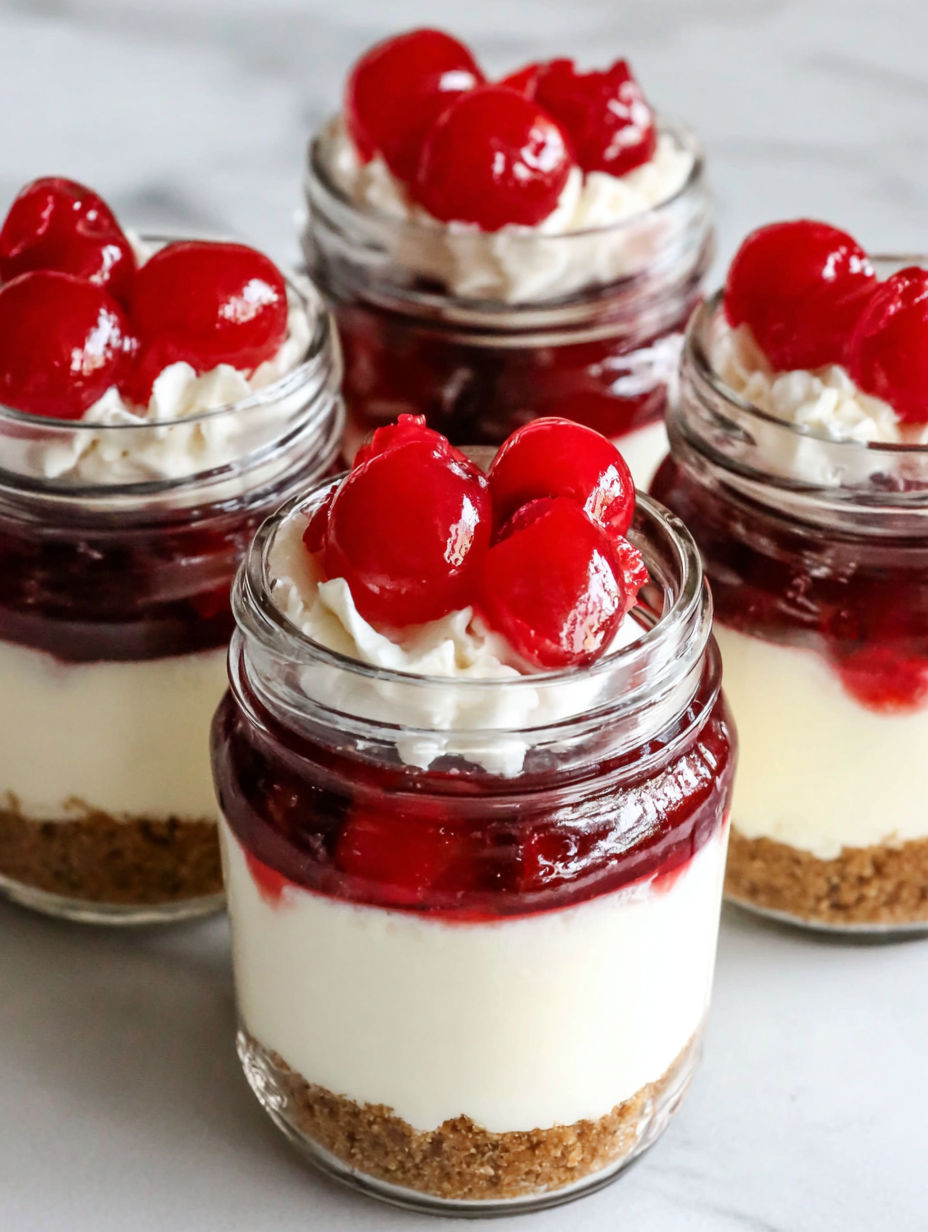 A jar of cherry cheesecake with whipped cream.