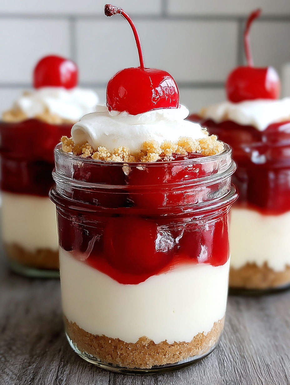 A jar of cherry cheesecake.