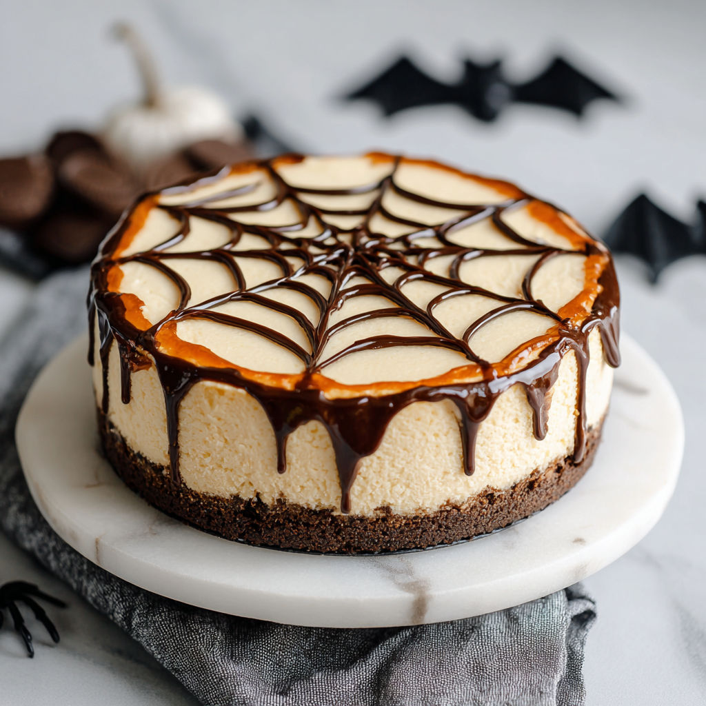 A slice of spiderweb cheesecake on a plate.