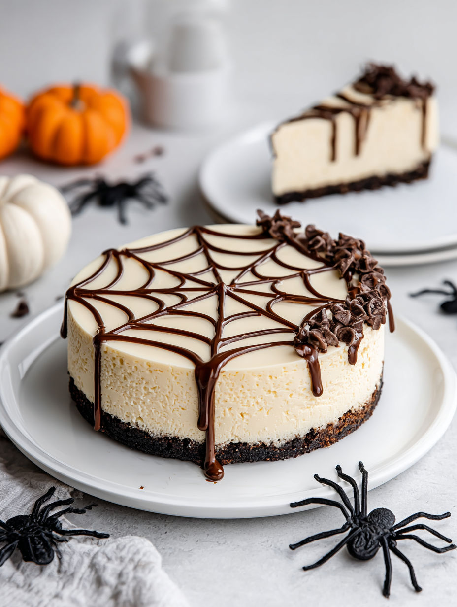 A slice of cheesecake with chocolate drizzle and a spider web design.