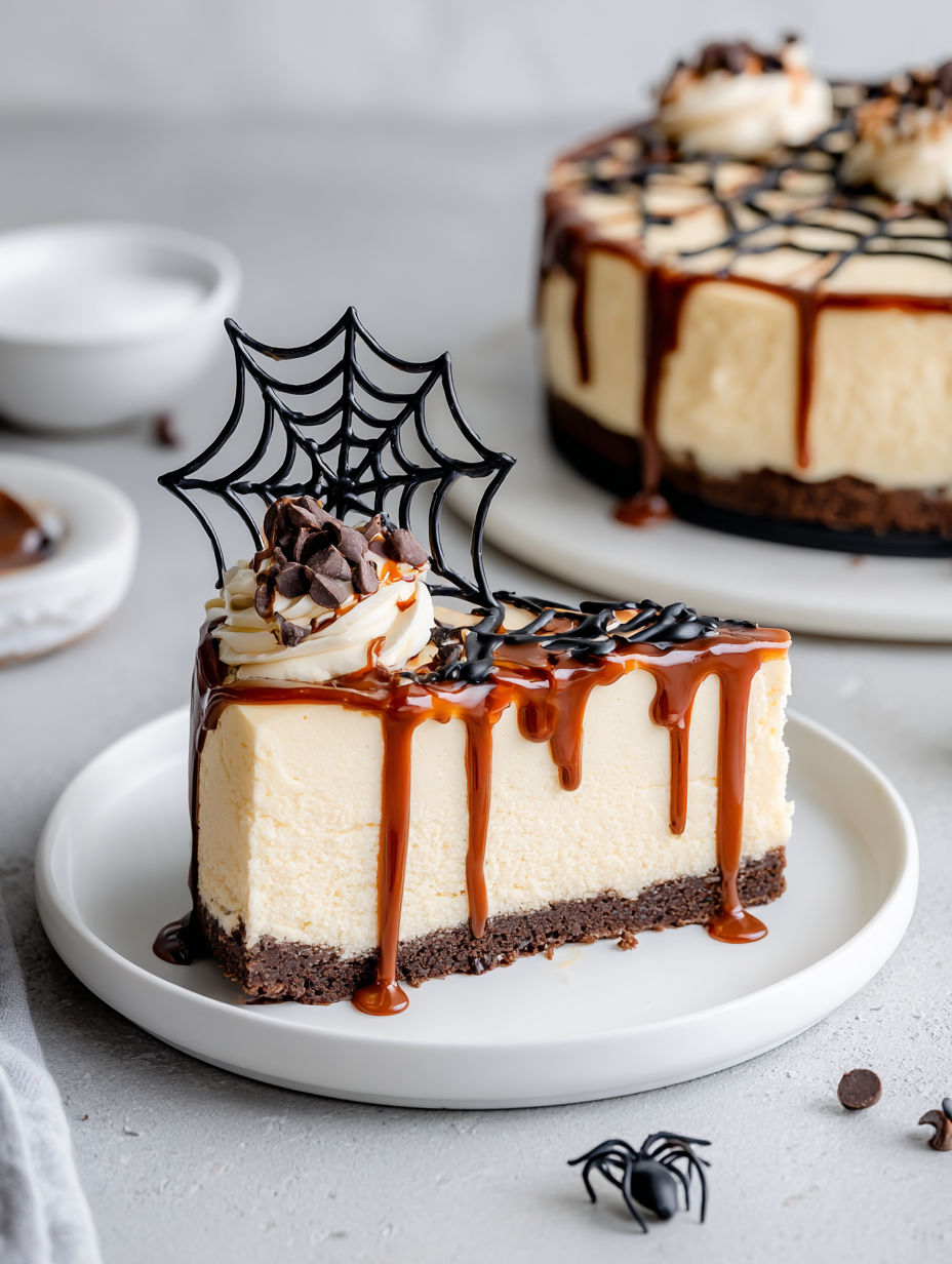 A slice of cheesecake with a spider web decoration.