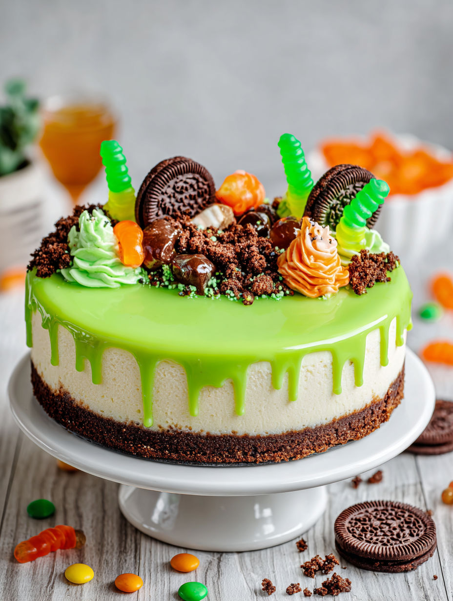 A green cheesecake with a witch's cauldron on top.