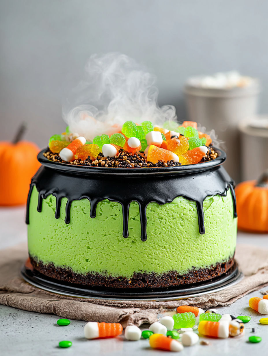 A green cheesecake with a witch's cauldron on top.