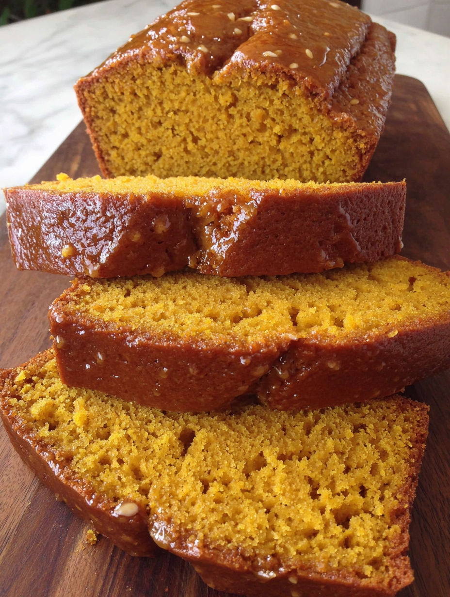 Three slices of pumpkin bread on a wooden board.
