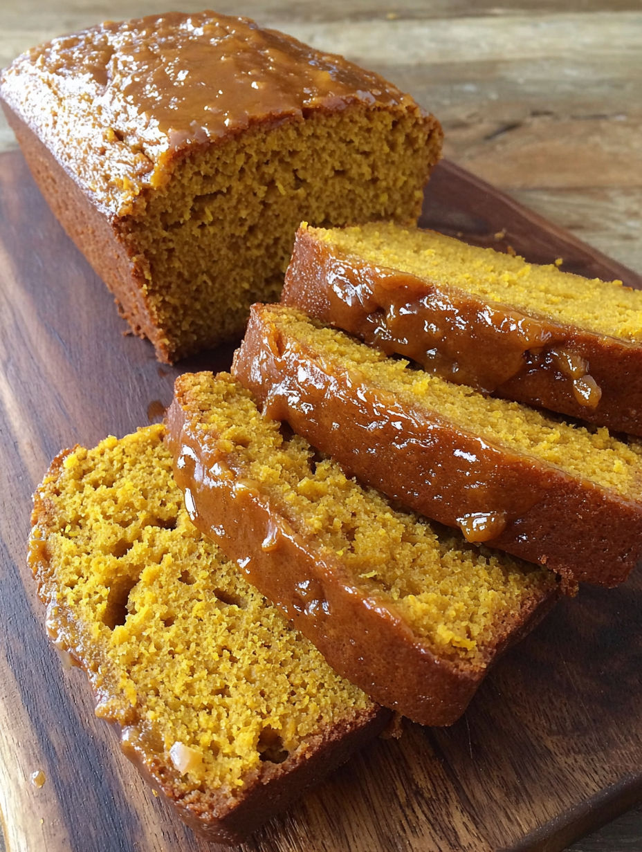 A loaf of pumpkin bread with a glaze on top.