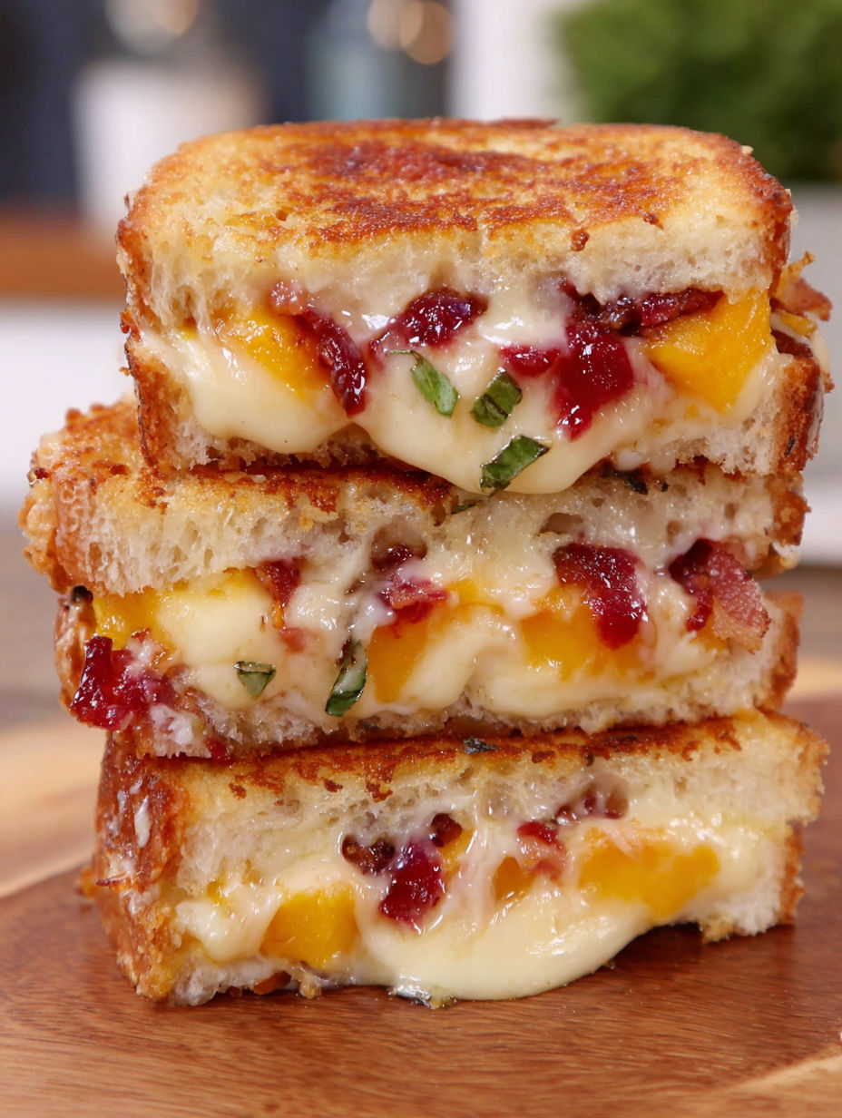 A stack of three honey peach white cheddar sandwiches.