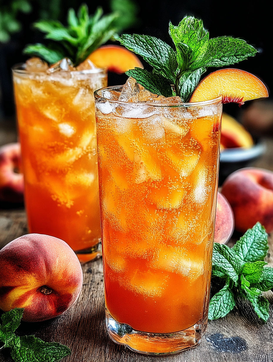A glass of orange juice with a slice of peach on top.