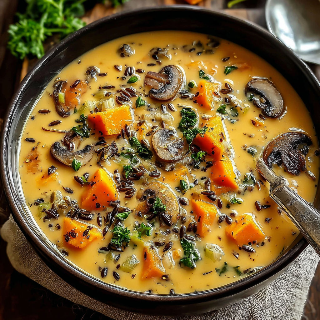 A bowl of soup with mushrooms, carrots, and broccoli.
