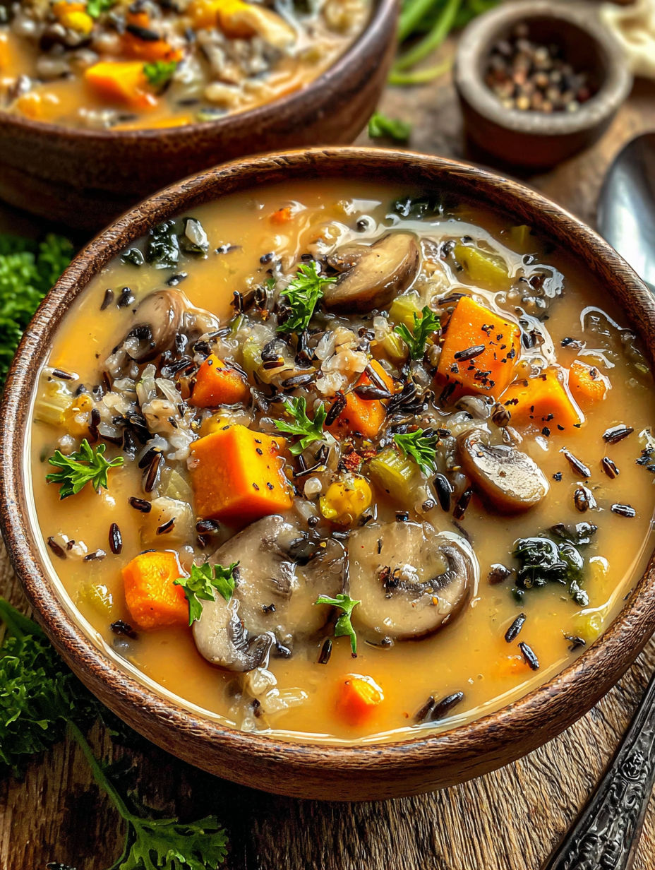 A bowl of soup with mushrooms and carrots.