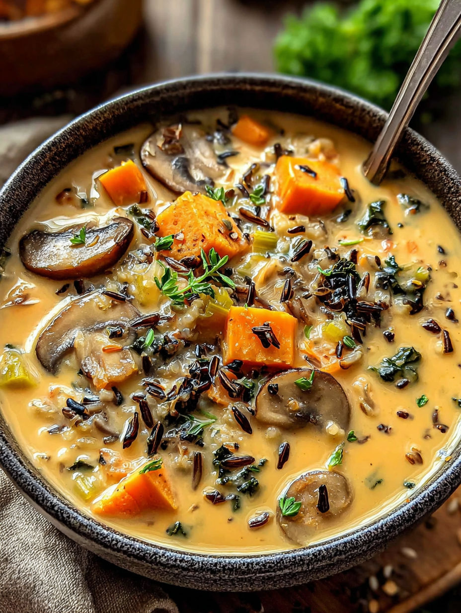 A bowl of soup with mushrooms, carrots, and rice.