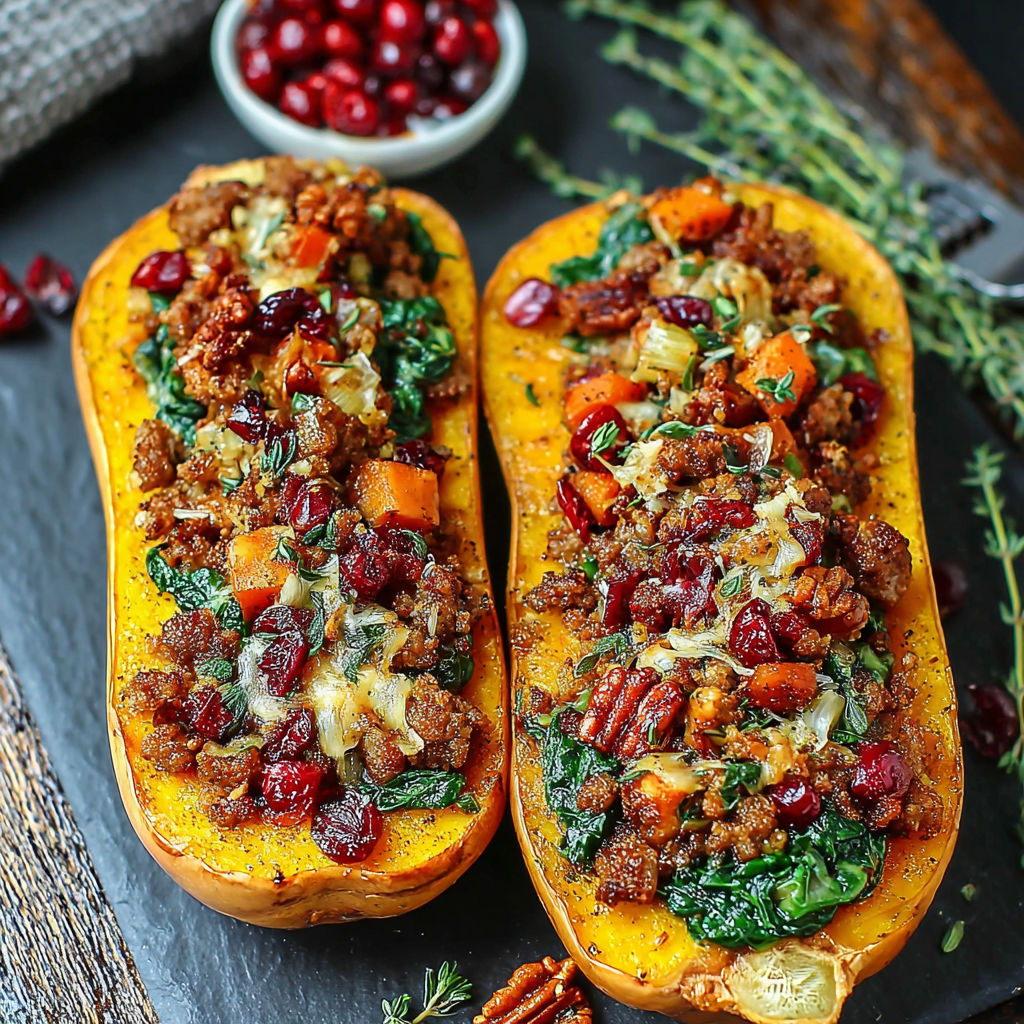 Two stuffed butternut squash with meat and vegetables.