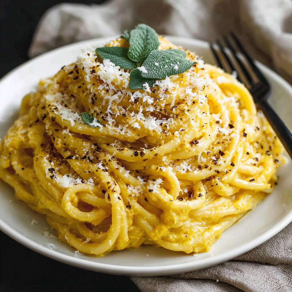 A plate of pasta with a green leaf on top.