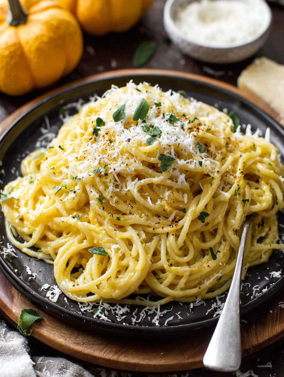 A plate of spaghetti with cheese and herbs on top.
