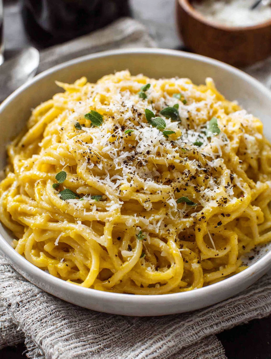A bowl of pasta with cheese and herbs.