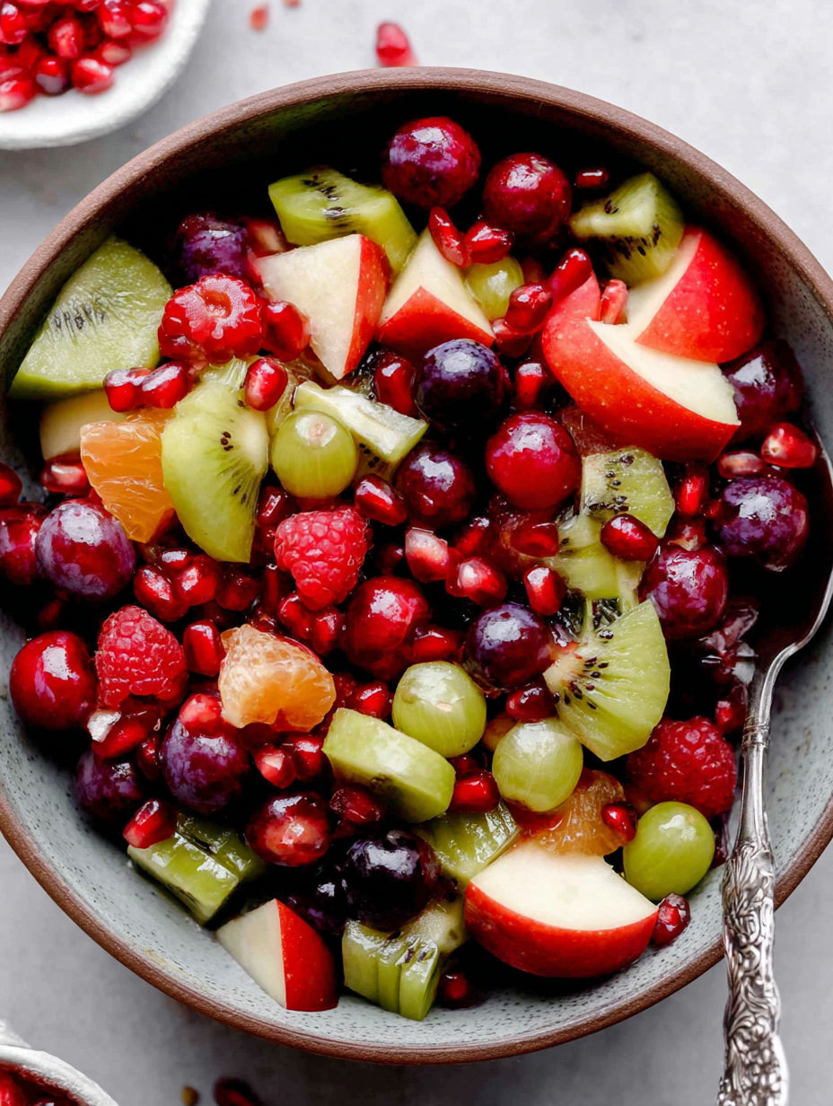 A bowl of fruit salad with kiwi, apples, pears, and pomegranates.