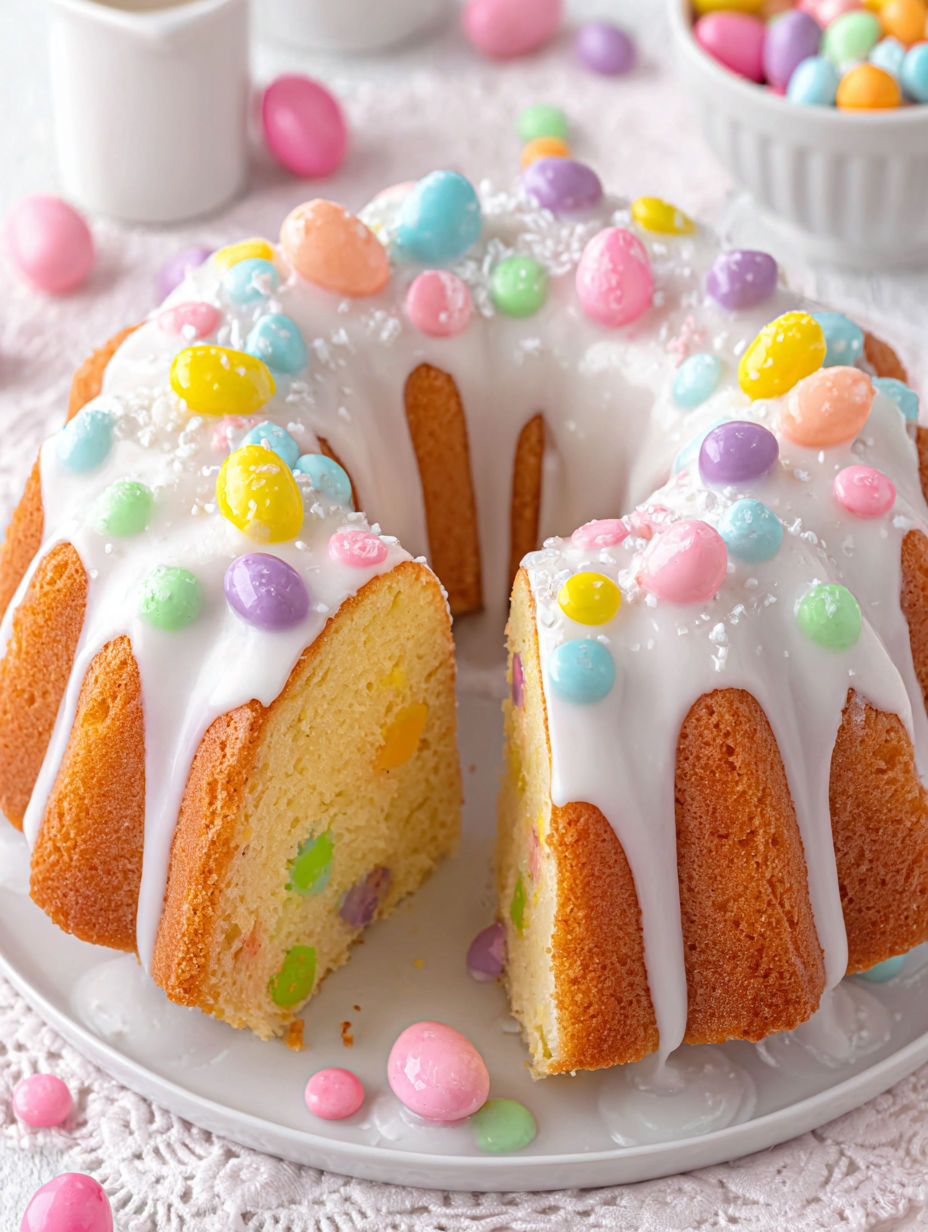 A cake with a hidden surprise of Easter eggs.
