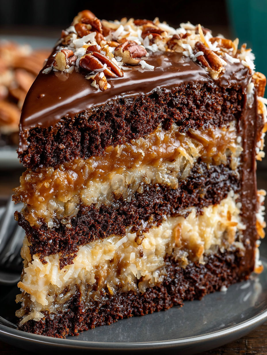 A slice of German Chocolate Cake with coconut and pecans.